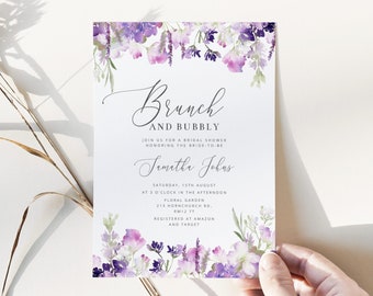 Brunch and Bubbly bridal shower invitation template. Lilac brunch and bubbly Bridal Shower Invite. Instant download #09