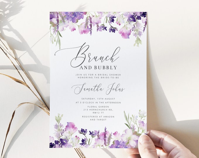 Brunch and Bubbly bridal shower invitation template. Lilac brunch and bubbly Bridal Shower Invite. Instant download #09