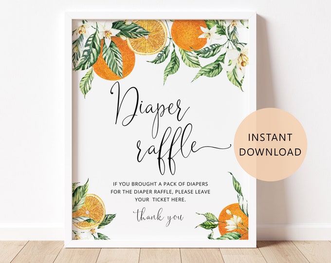 Orange diaper raffle sign.  Orange citrus baby shower games.  Little cutie is on the way baby shower decor Instant Download #or1