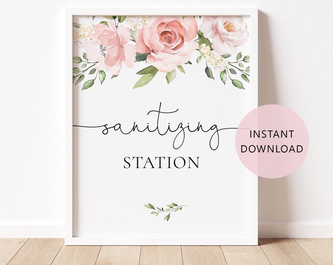 Sanitizing Station Sign Printable. Blush pink sanitizing station sign. Social Distance  Sign Instant Download #br2