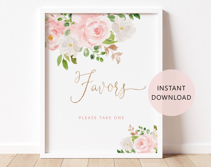 Favors please take one Sign. Floral baby shower favors sign. Blush pink gold favors sign. Instant Download #fl1