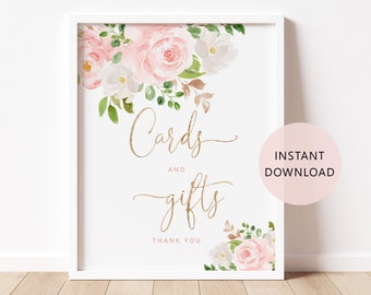 Floral Cards and Gifts Sign in 2 Sizes. Blush pink gold Cards and Gifts Sign. Floral baby shower Instant Download #fl1