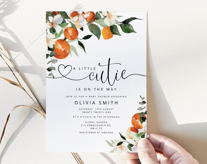 A Little Cutie is on the way baby shower invitation. Oranges baby shower invitation bundle. Citrus Gender neutral baby shower invite #or2