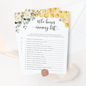 Bee Who Knows Mommy Best game. Printable bee baby shower game. What will baby bee Baby Shower Game. Instant Download #bee