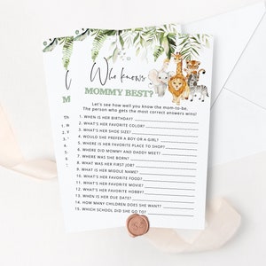 Who Knows Mommy Best. Safari baby shower games. Jungle who knows mommy best Printable game. Instant Download #saf3