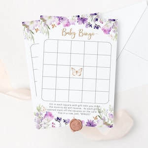 Vlinder baby shower bingokaart. Paarse babyshowerspellen om af te drukken. Bloemen paarse baby bingokaart. Direct downloaden #06