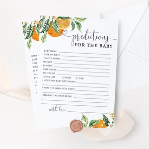 Kaart voor babyvoorspellingen. Oranje Babyvoorspellingskaart. Kleine schattige babyshowerspellen. Citrusvoorspellingskaart of1