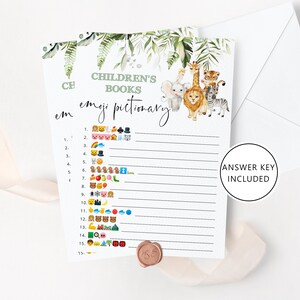 Children&#39;s Book Emoji Pictionary. Safari Baby Shower emoji pictionary guessing game with answers. Jungle baby shower Instant download #saf3