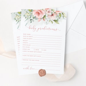 Prédictions Blush pour la carte de bébé. Jeu de douche de bébé de verdure. Carte de prédictions de bébé floral pêche Téléchargement instantané #fl2