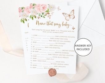 Butterfly name that song baby shower game. Blush pink gold butterfly baby shower games. Baby shower guessing game #05