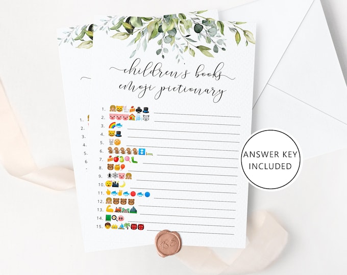 Children's Book Emoji Pictionary. Greenery Baby Shower emoji pictionary guessing game. Greenery baby shower games #02