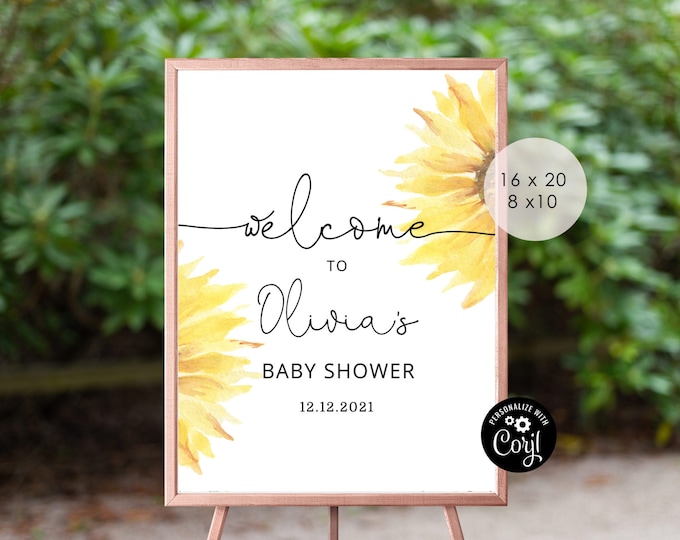 Sunflower baby shower welcome sign. Sunflower editable welcome sign. Baby shower welcome sign. Instant download. Corjl Printable #sun1