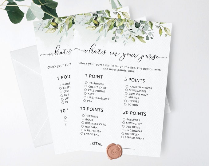 What's in Your Purse Game. Greenery eucalyptus bridal shower games. Garden Whats in Your Purse game. Instant Download #01