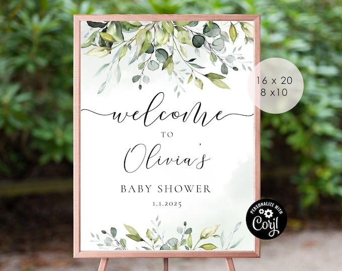 Greenery baby shower Welcome  sign.  Editable eucalyptus baby shower welcome sign. Greenery welcome sign. Corjl Instant Download #02