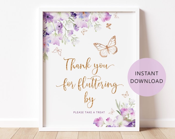 Thank You For Fluttering By Favor Sign. Lilac butterfly Party Favor Sign. Butterfly birthday decoration #06