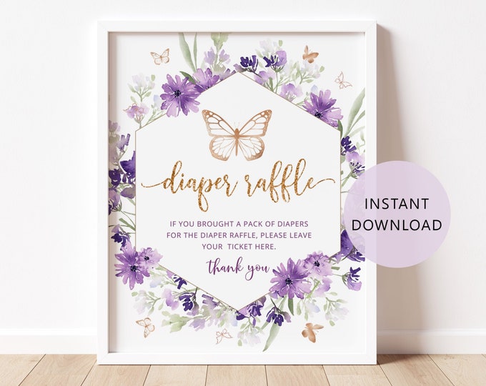 Butterfly diaper raffle sign. Purple floral diaper raffle sign. Butterfly kisses and baby wishes baby shower decoration Instant Download #06
