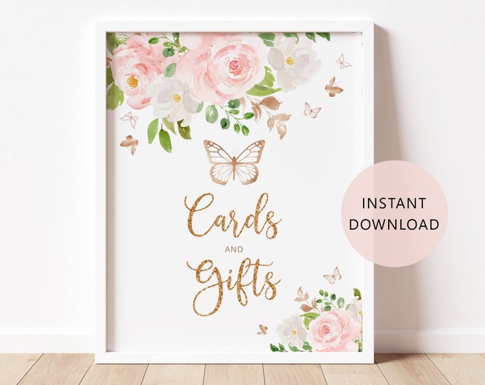 Butterfly Cards and Gifts Sign in 2 Sizes. Blush gold Cards and Gifts Sign. Butterfly baby shower decoration Instant Download #05