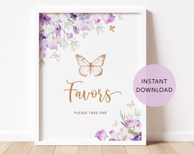 Favors please take one Sign. Wild flowers Butterfly baby shower favors sign. Purple gold butterfly kisses baby shower. Instant Download #06