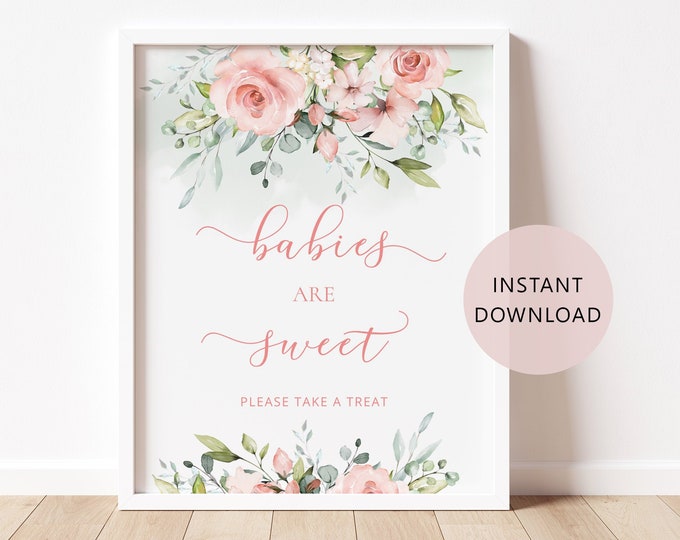 Babies are sweet Sign. Floral take a treat sign. Blush pink baby shower decor. Greenery babies are sweet. Instant Download #fl2