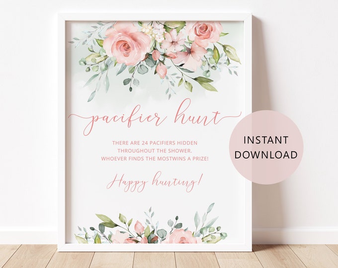Pacifier Hunt Sign. Floral blush Pacifier hunt Sign. Blush Baby Shower Game. Greenery Find The Pacifier Game Printable Instant Download #fl2