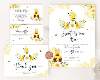 Sweet as can bee baby shower Invitation bundle. Bumble Bee baby shower invitation. Honey baby shower printable pack. Books for baby #08