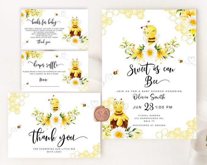 Sweet as can bee baby shower Invitation bundle. Bumble Bee baby shower invitation. Honey baby shower printable pack. Books for baby #08