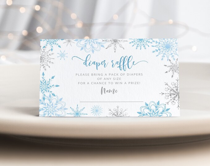 Winter diaper raffle ticket. Snowflake diaper raffle ticket.  Blue silver baby shower.  Instant Download #sn2