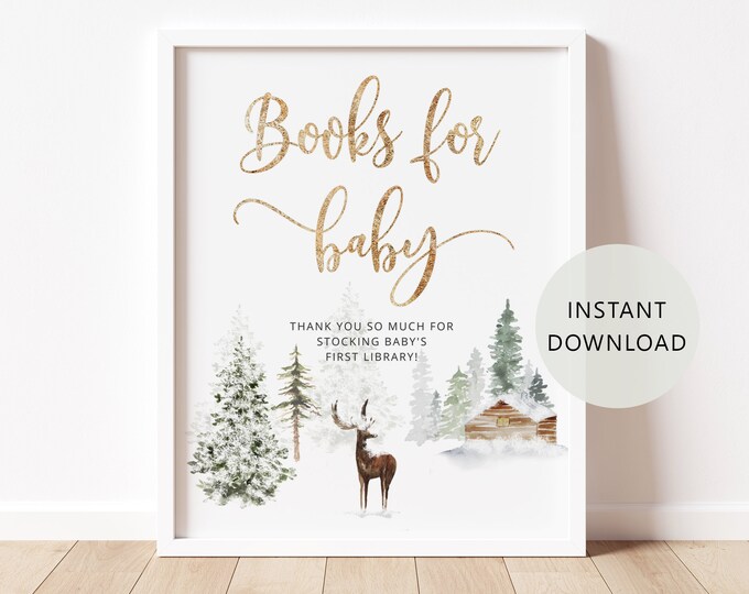 Winter Books for Baby, Baby Shower Book Request Card, Forest deer Book Request, Bring A Book Instead of a card. Baby it's cold outside #w3