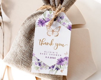 Butterfly favor tag. Purple gold baby shower Thank You Tag Template. Gold butterfly thank you tag. Butterfly baby shower #06
