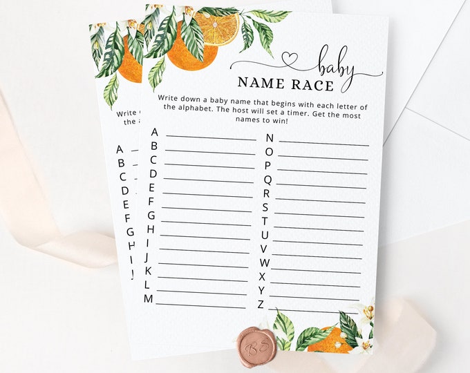 Baby name race Baby Shower Game. Orange baby name race game. Orange Guessing Game. Little cutie Baby Shower Games. Instant Download #or1