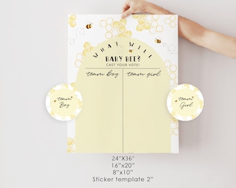 Bee Gender reveal Boy or Girl chart. What will baby bee Guess the Gender sign. Honey bee he or she sign. Cast Your Vote Sign #be1