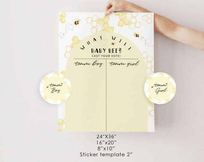 Bee Gender reveal Boy or Girl chart. What will baby bee Guess the Gender sign. Honey bee he or she sign. Cast Your Vote Sign #be1