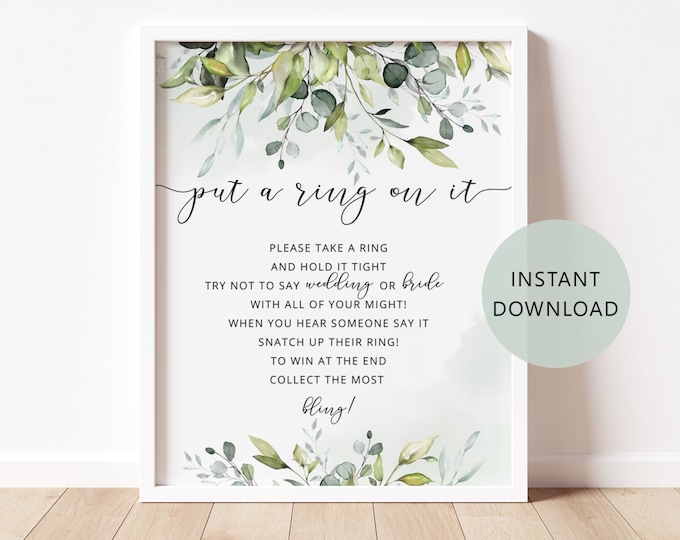 Greenery Put a ring on it Game. Greenery Don't Say Bride. Eucalyptus put a ring on it sign. Bridal Shower Game. Instant Download #01