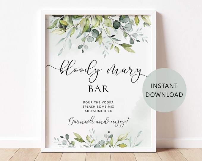 Bloody Mary bar sign. Greenery Bloody Mary bar sign. Greenery bridal shower decoration. Instant Download #01