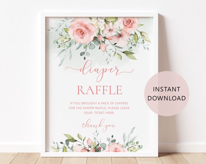 Floral diaper raffle sign. Blush diaper raffle sign. Greenery diaper raffle sign. Floral baby shower decoration. Instant Download #fl2