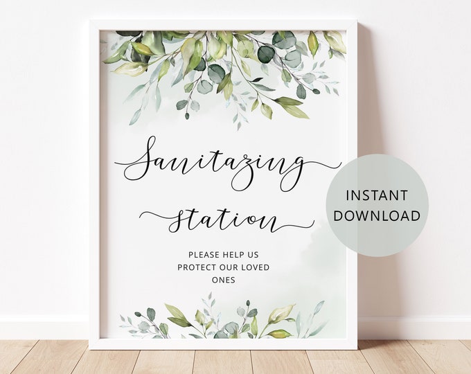Greenery Sanitizing Station Sign Printable. Eucalyptus sanitizing station sign. Social Distance  Sign Instant Download #01 02