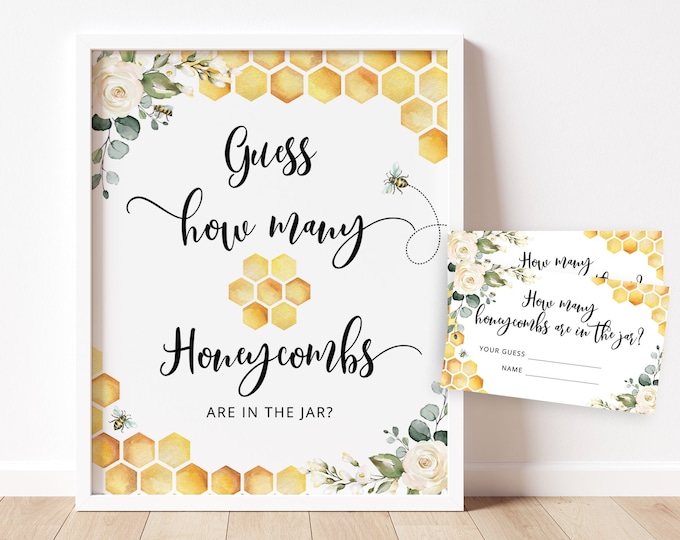 Guess How Many Honeycombs Are In The Jar. Bee Baby Shower Game. Bee gender neutral guess how many guessing game.  Instant Download #bee3