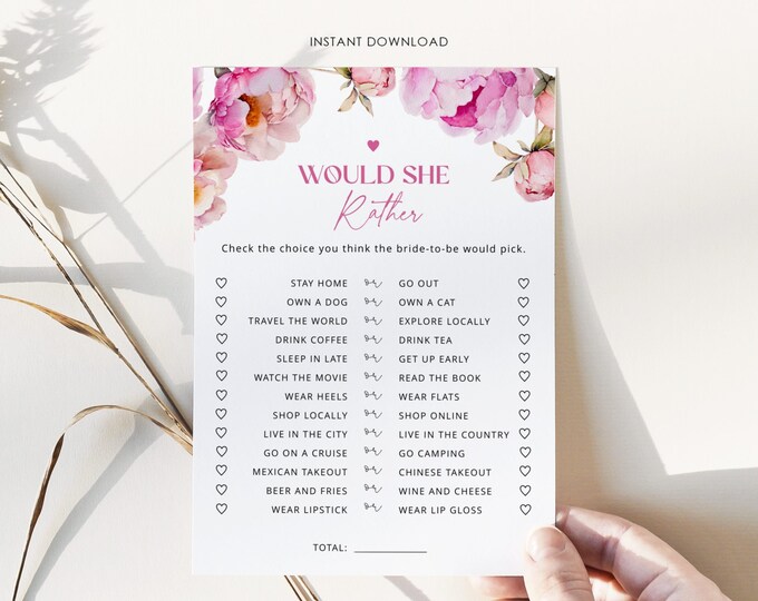 Would She Rather Bridal Shower Game, Printable bright pink petals and prosecco Would she rather bridal game Instant Download #pet1