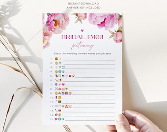 Fuchsia elegant Bridal shower emoji pictionary. Floral bridal emoji game. Elegant petals and prosecco bridal emoji pictionary game #pet1