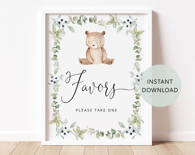 Favors please take one Sign. Little baer baby shower favors sign. We can bearly wait baby shower. Instant Download. Baby shower decor #w1