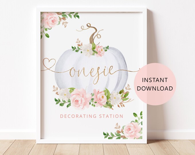 Bodysuit Decorating Station Sign. Pumpkin bodysuit Decorating Station Sign. Blush pink and white pumpkin Instant Download #p3