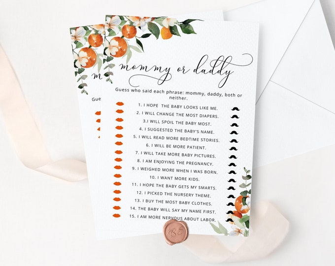 Orange Guess Who Said It Mommy or Daddy. Citrus mommy or daddy game. Little cutie Baby Shower Game. Instant Download #or2