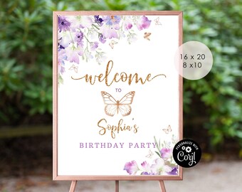 May include: A welcome sign for a birthday party featuring a purple floral design and a gold glitter butterfly. The sign reads "Welcome to Sophia's Birthday Party".