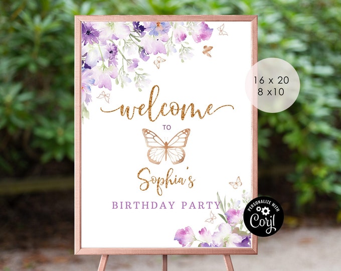 Butterfly birthday welcome sign.  Editable purple gold first birthday welcome sign template. Butterfly kisses and birthday wishes #06