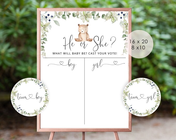 Gender reveal Boy or Girl chart. Guess the Gender sign, gender neutral editable sign. Bear Greenery he or she sign. Cast Your Vote Sign #w1