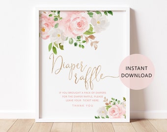 Floral diaper raffle sign. Blush gold diaper raffle sign. Floral baby shower decoration. Instant Download #fl1