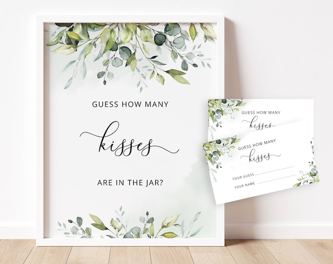 Greenery Guess How Many Kisses. Eucalyptus Bridal Shower Game. Bridal Shower Guessing Games. Guess How Many Kisses Instant download #01