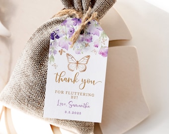 Butterfly Favor Tag Template: Purple Floral Thank You (Digital Download) #06