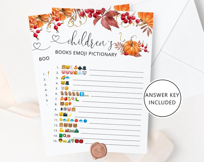 Children's Book Emoji Pictionary. Pumpkin Baby Shower emoji pictionary guessing game with answers. Instant download #p1