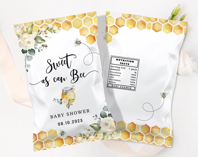 Bee chip bag template. Sweet as can bee baby shower chip bag template. Bumble bee baby shower decoration #bee